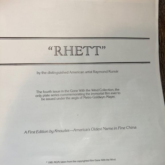 Knowles 1981 Gone With The Wind Rhett Plate Limited Edition Plate #15343E NIB - Picture 4 of 7